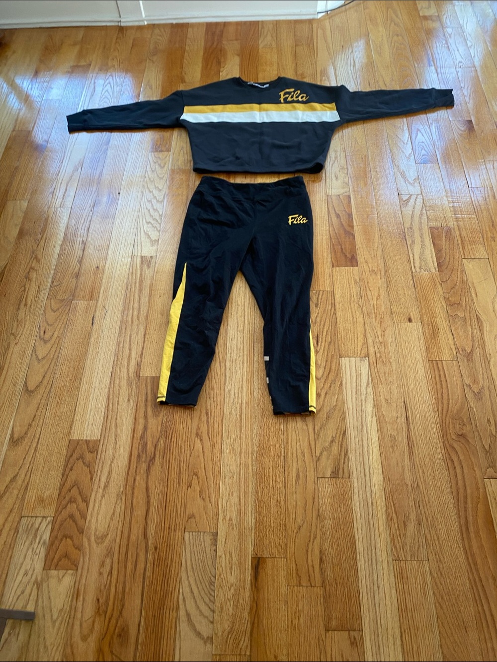 Fila Black Crop Sweatshirt and Black Leggings with Yellow Accents